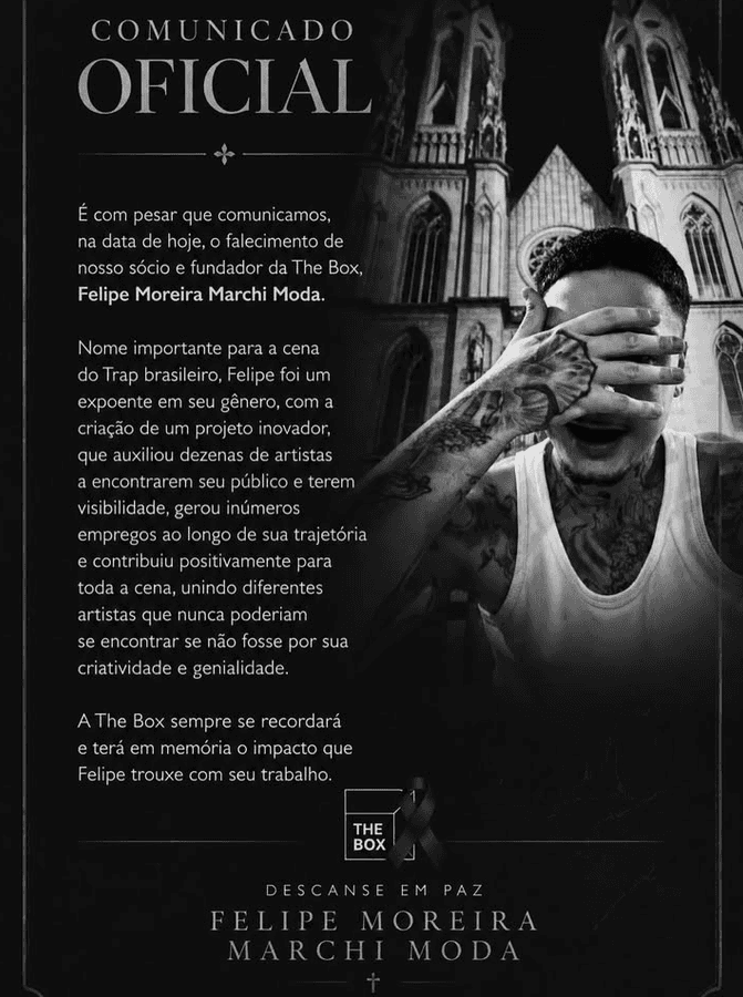 Perfil oficial do THE BOX emitiu nota de pesar do artista (Foto: Reprodução / Instagram) Perfil oficial do THE BOX emitiu nota de pesar do artista (Foto: Reprodução / Instagram)