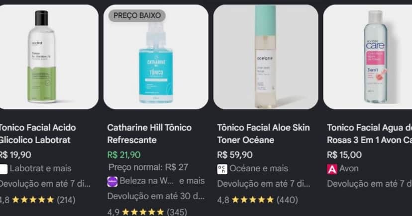 Opções tônicos para limpeza de pele (Foto Reprodução/Google Shopping/Pesquisa Lennita) Opções tônicos para limpeza de pele (Foto Reprodução/Google Shopping/Pesquisa Lennita)