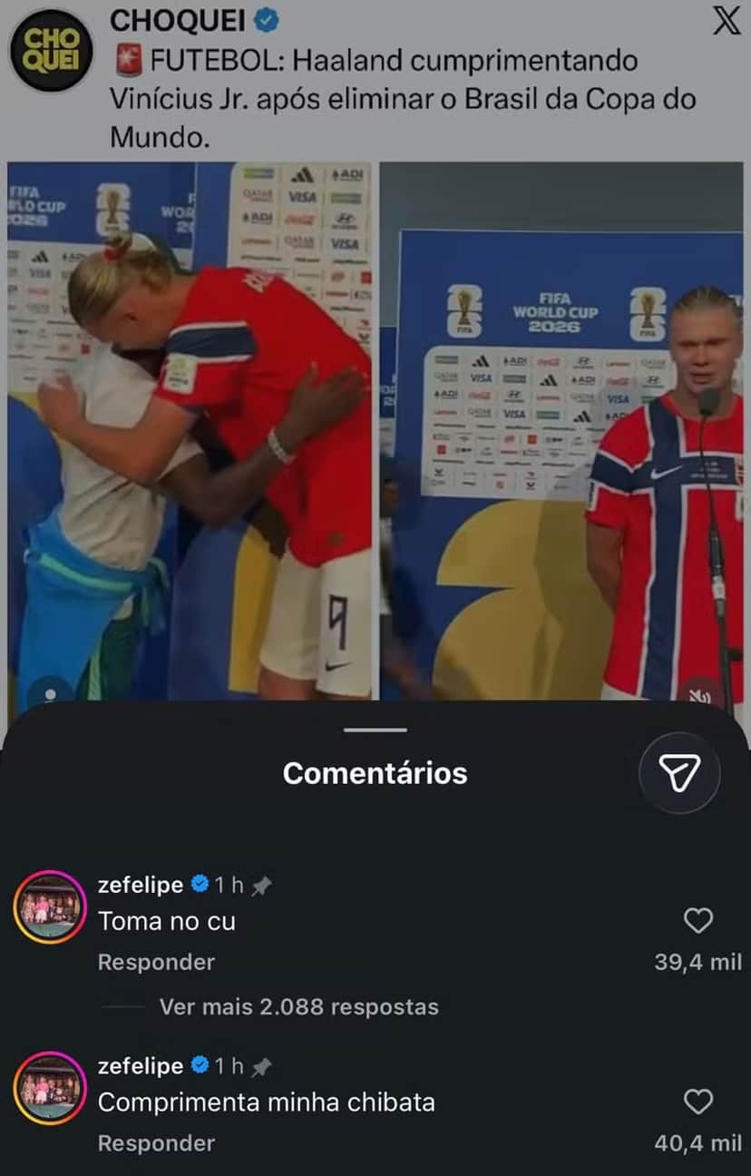 Zé Felipe se irritou com o cumprimento entre Vini Jr. e Haaland (Foto: Reprodução/ Instagram) Zé Felipe se irritou com o cumprimento entre Vini Jr. e Haaland (Foto: Reprodução/ Instagram)