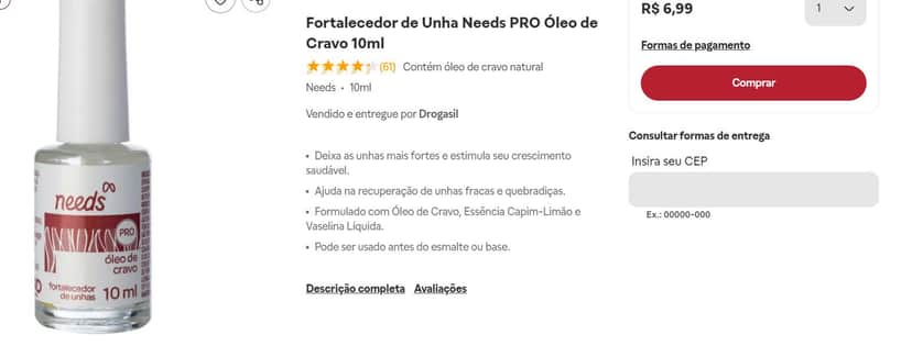 Fortalecedor de Unha Needs PRO Óleo de Cravo 10ml (Foto Reprodução/Drogasil)