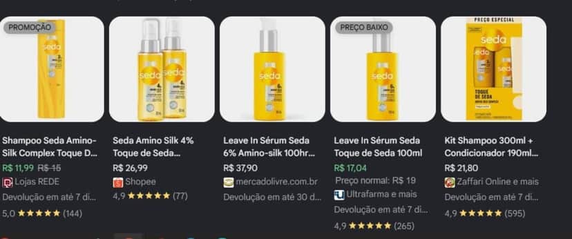 Média de valores de produtos da linha Seda Amino Silk (Foto Reprodução/Google Shopping)
