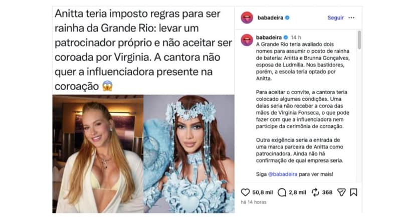 Notícia envolvendo Virginia Fonseca e Anitta (Foto: Reprodução / Instagram) 
