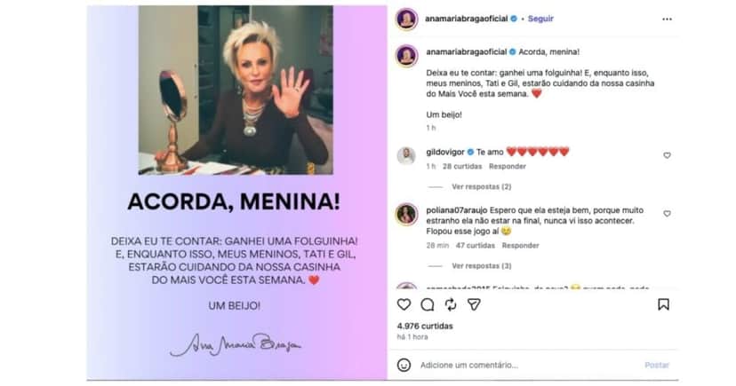 Publicação de Ana Maria (Foto: Reprodução / Instagram) Publicação de Ana Maria (Foto: Reprodução / Instagram)