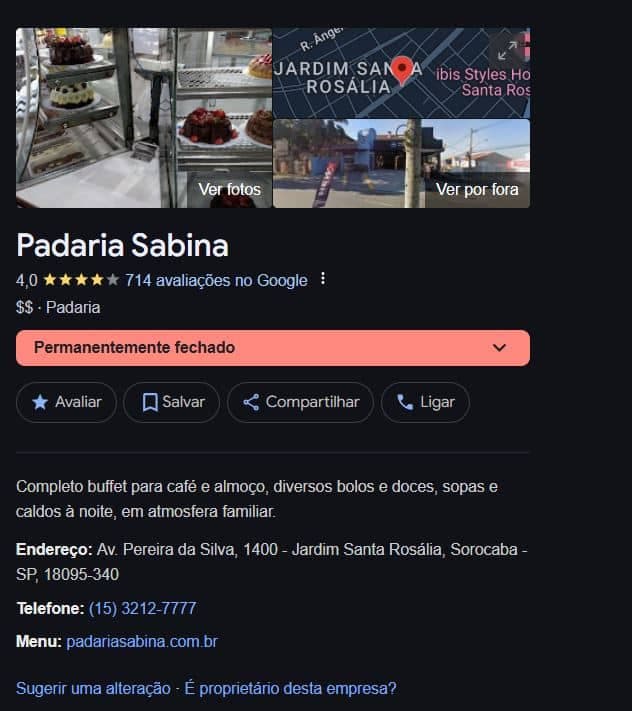 Padaria Sabina nas pesquisas do Google (Foto Reprodução/Maps)