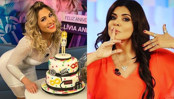 Mara Maravilha deixa palco do Fofocalizando enquanto apresentadores comemoram aniversário de Lívia Andrade e manda beijo