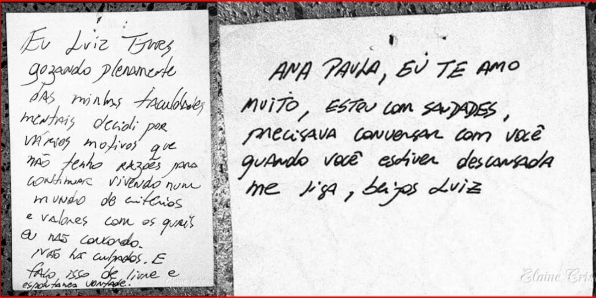 Suposta carta de suicídio do noivo de Ana Paula Arósio, Luiz Carlos Tjurs (Foto: Reprodução) Suposta carta de suicídio do noivo de Ana Paula Arósio, Luiz Carlos Tjurs (Foto: Reprodução)