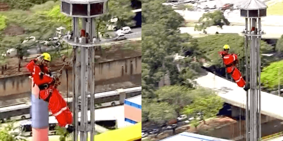 Homen no topo do prédio acena para helicóptero ao vivo na Globo (Foto: Montagem) Homen no topo do prédio acena para helicóptero ao vivo na Globo (Foto: Montagem)