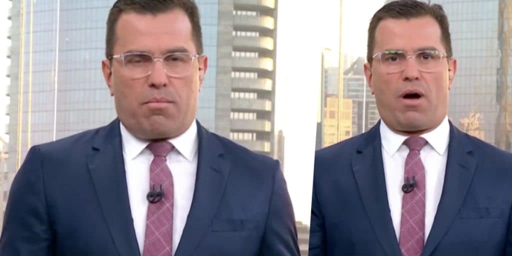 Rodrigo Bocardi para telejornal ao vivo na Globo, arremessa bola no meio do estúdio e não se controla: "Que isso"