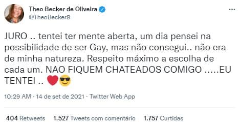 Theo Becker revelou ter tentado ficar com homens (Foto: Reprodução/Twitter)