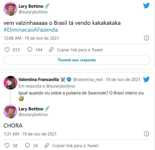 Treta entre Lary Bottino e Valentina Francavilla (Imagem: Reprodução) Treta entre Lary Bottino e Valentina Francavilla (Imagem: Reprodução)