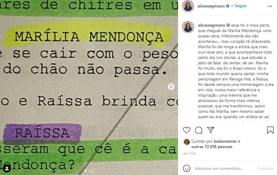 Alice Wegmann mostrou cena que ia contracenar com Marília Mendonça (Foto: Reprodução/ Instagram) Alice Wegmann mostrou cena que ia contracenar com Marília Mendonça (Foto: Reprodução/ Instagram)