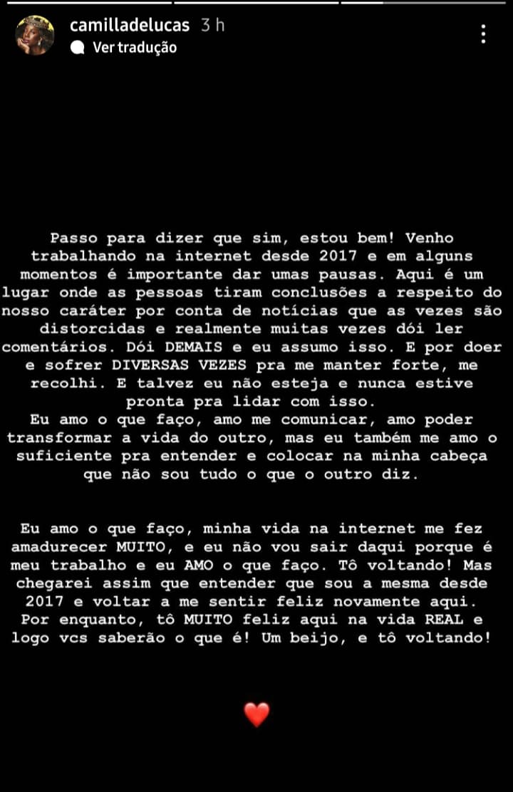 Stories de Camilla de Lucas (Foto: Reprodução/ Instagram) Stories de Camilla de Lucas (Foto: Reprodução/ Instagram)