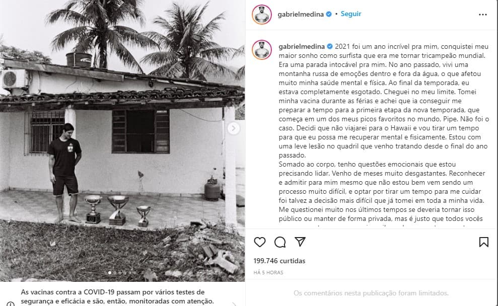 Gabriel Medina anuncia afastamento surfe - Foto: Reprodução Gabriel Medina anuncia afastamento surfe - Foto: Reprodução
