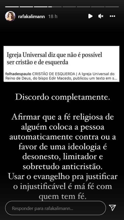 Rafa Kalimann detona Igreja Universal - Foto: Reprodução Rafa Kalimann detona Igreja Universal - Foto: Reprodução