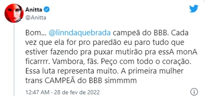 Anitta quer Linn Da Quebrada como campeã do BBB22 (Reprodução/ Twitter) Anitta quer Linn Da Quebrada como campeã do BBB22 (Reprodução/ Twitter)