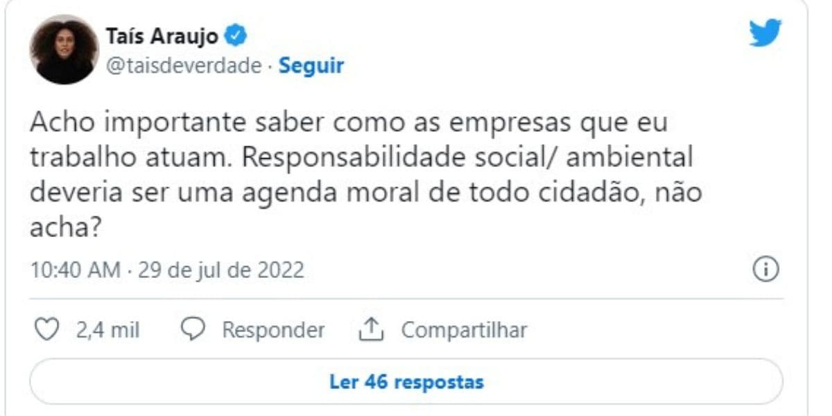 Atriz Taís Araujo é exposta, aparece de surpresa e dá resposta direta - Reprodução Twitter