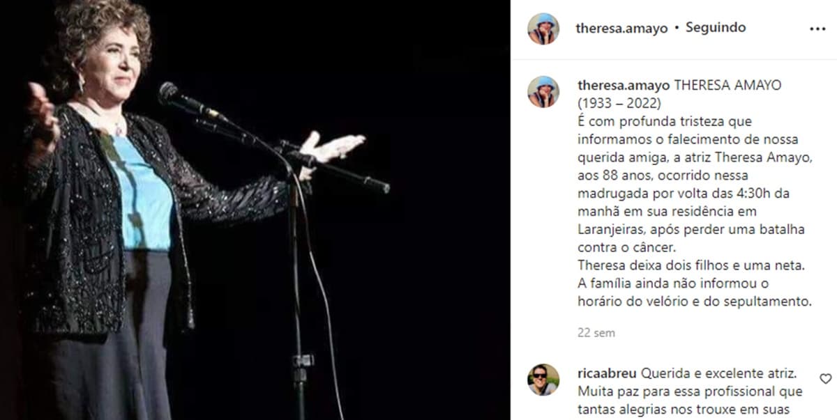 Nota de falecimento da atriz veterana Theresa Amayo Nota de falecimento da atriz veterana Theresa Amayo