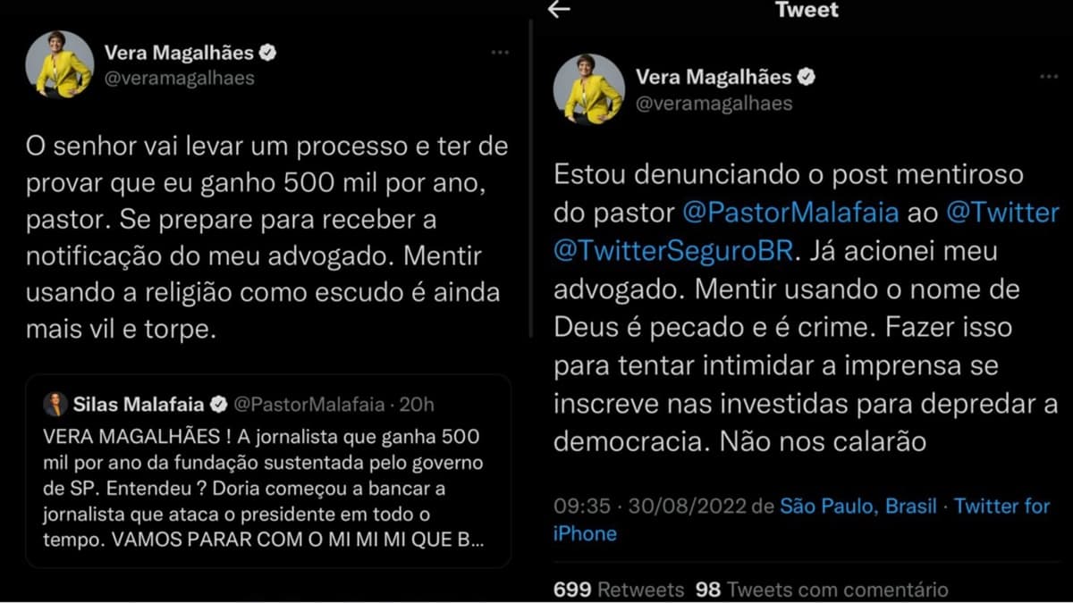 Vera Magalhães denuncia publicamente Silas Malafaia e toma atitude de processar pastor por ataques sofridos Vera Magalhães denuncia publicamente Silas Malafaia e toma atitude de processar pastor por ataques sofridos