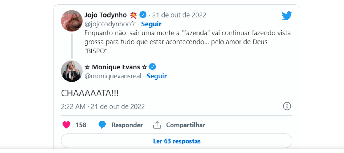 Jojo comenta situação do reality e Evans a chama de Chata (Foto Reprodução/Twitter) Jojo comenta situação do reality e Evans a chama de Chata (Foto Reprodução/Twitter)