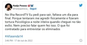 Nadja Pessoa escancara tortura psicológica que sofreu dentro de reality da Record TV em desabafo nas redes sociais (Foto: Reprodução / Twitter) Nadja Pessoa escancara tortura psicológica que sofreu dentro de reality da Record TV em desabafo nas redes sociais (Foto: Reprodução / Twitter)