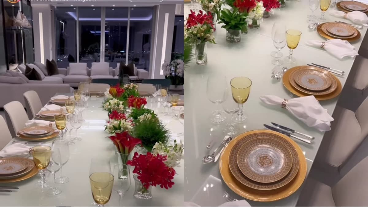 A extensa sala de jantar da mansão de Roberto Justus; esposa do empresário agradeceu a colaboração dos funcionários A extensa sala de jantar da mansão de Roberto Justus; esposa do empresário agradeceu a colaboração dos funcionários