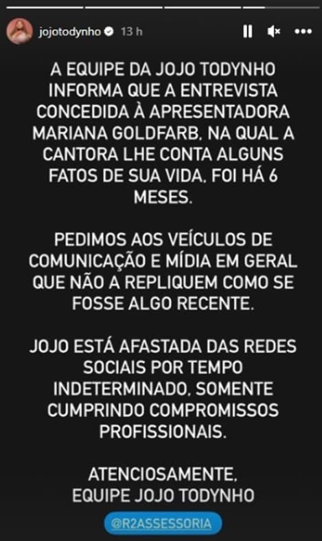 Equipe da artista emite nota em seu nome e faz pedido à imprensa Equipe da artista emite nota em seu nome e faz pedido à imprensa