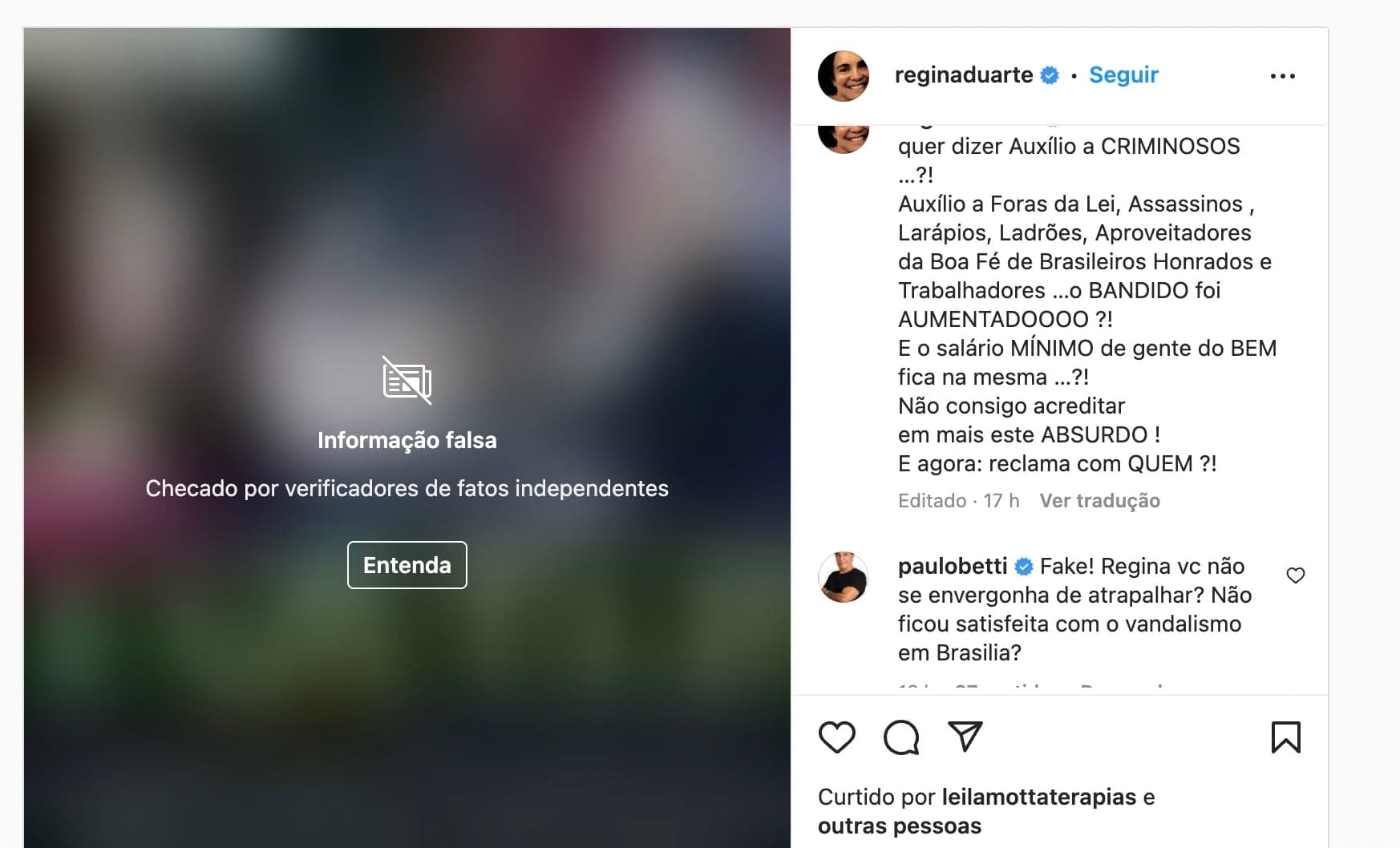 Regina Duarte dá o que falar mais uma vez, Paulo Betti parte pra cima e humilha atriz ao se deparar com fake news - Foto Reprodução Instagram