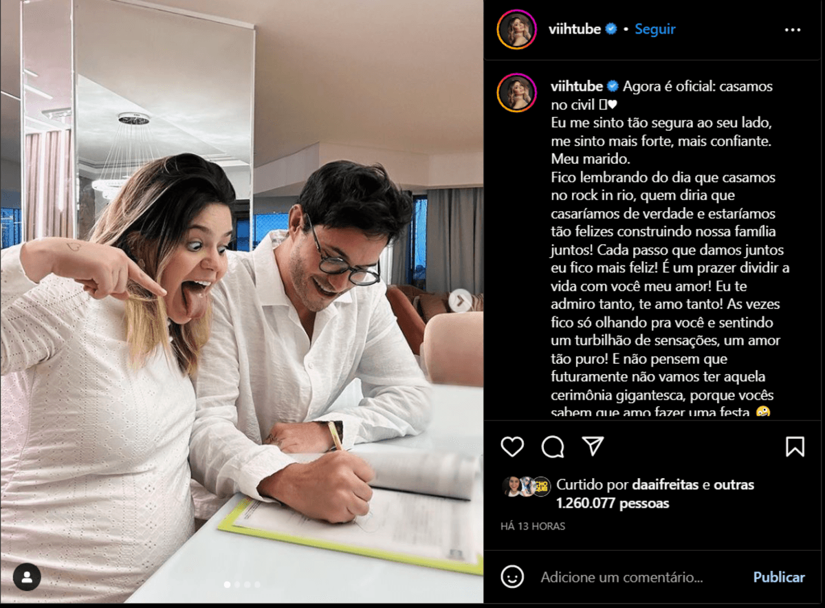 Postagem de Vihh Tube pelas redes sociais anunciando a decisão do casal de oficializar a relação por meio de um casamento civil (Foto Reprodução/Instagram) Postagem de Vihh Tube pelas redes sociais anunciando a decisão do casal de oficializar a relação por meio de um casamento civil (Foto Reprodução/Instagram)