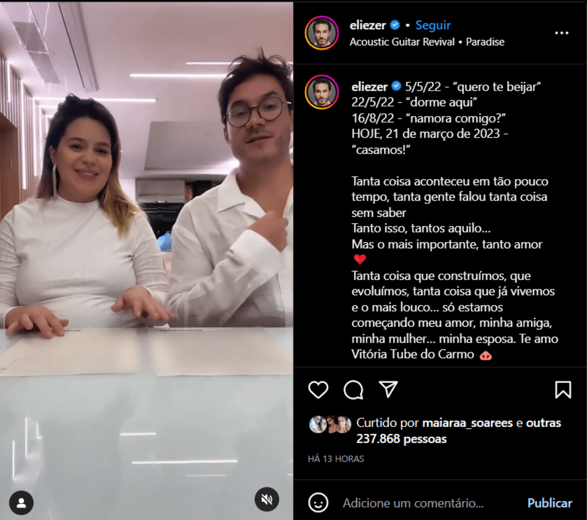 Postagem de Eliezer aonde ele declara seu amor por meio de uma linha cronológica em sua legenda(Foto Reprodução/Instagram) Postagem de Eliezer aonde ele declara seu amor por meio de uma linha cronológica em sua legenda(Foto Reprodução/Instagram)