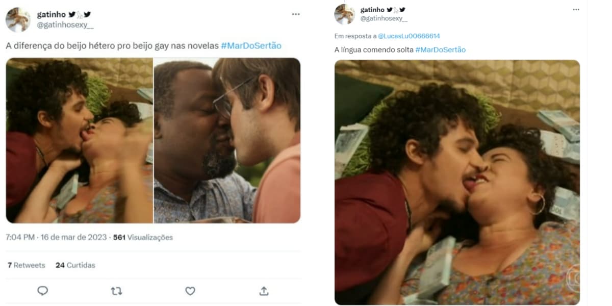 Reação do público sobre beijo em "Mar do Sertão" (Foto: Reprodução/Twitter) Reação do público sobre beijo em "Mar do Sertão" (Foto: Reprodução/Twitter)