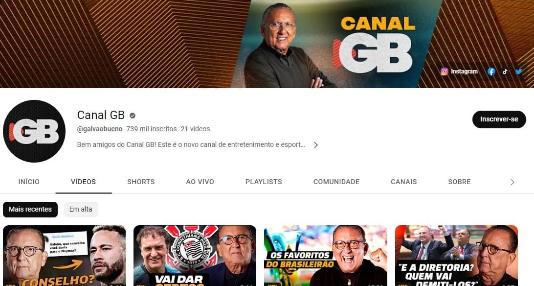 Novo canal de Galvão Bueno, no Youtube (Reprodução: Internet) Novo canal de Galvão Bueno, no Youtube (Reprodução: Internet)