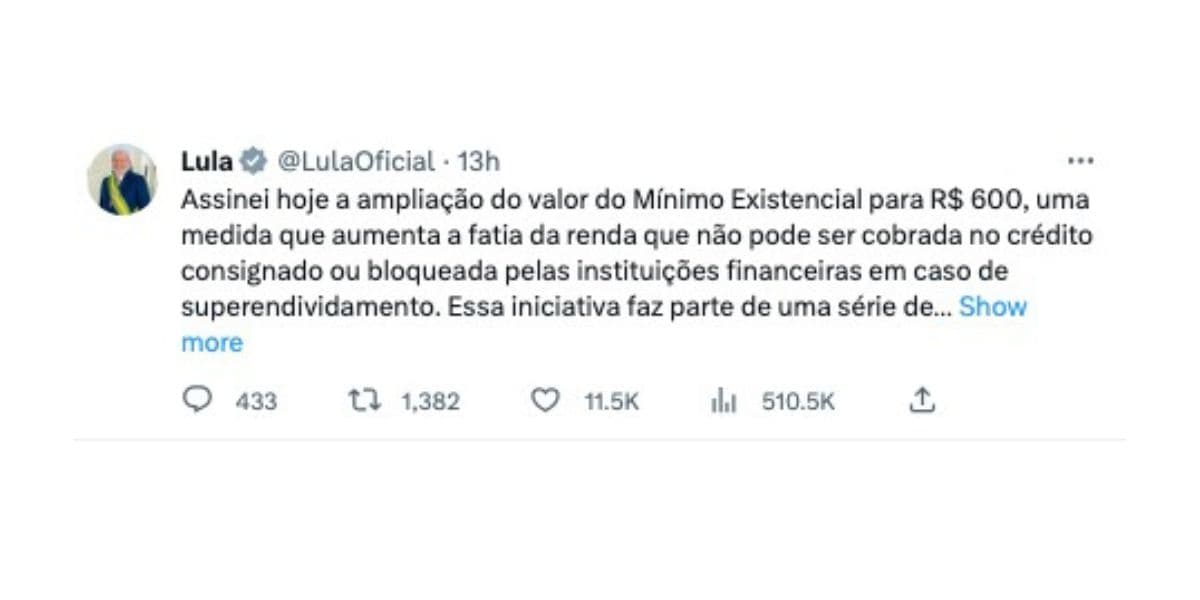 Anúncio de Lula sobre ampliação do mínimo existencial (Foto: Reprodução / Twitter) Anúncio de Lula sobre ampliação do mínimo existencial (Foto: Reprodução / Twitter)