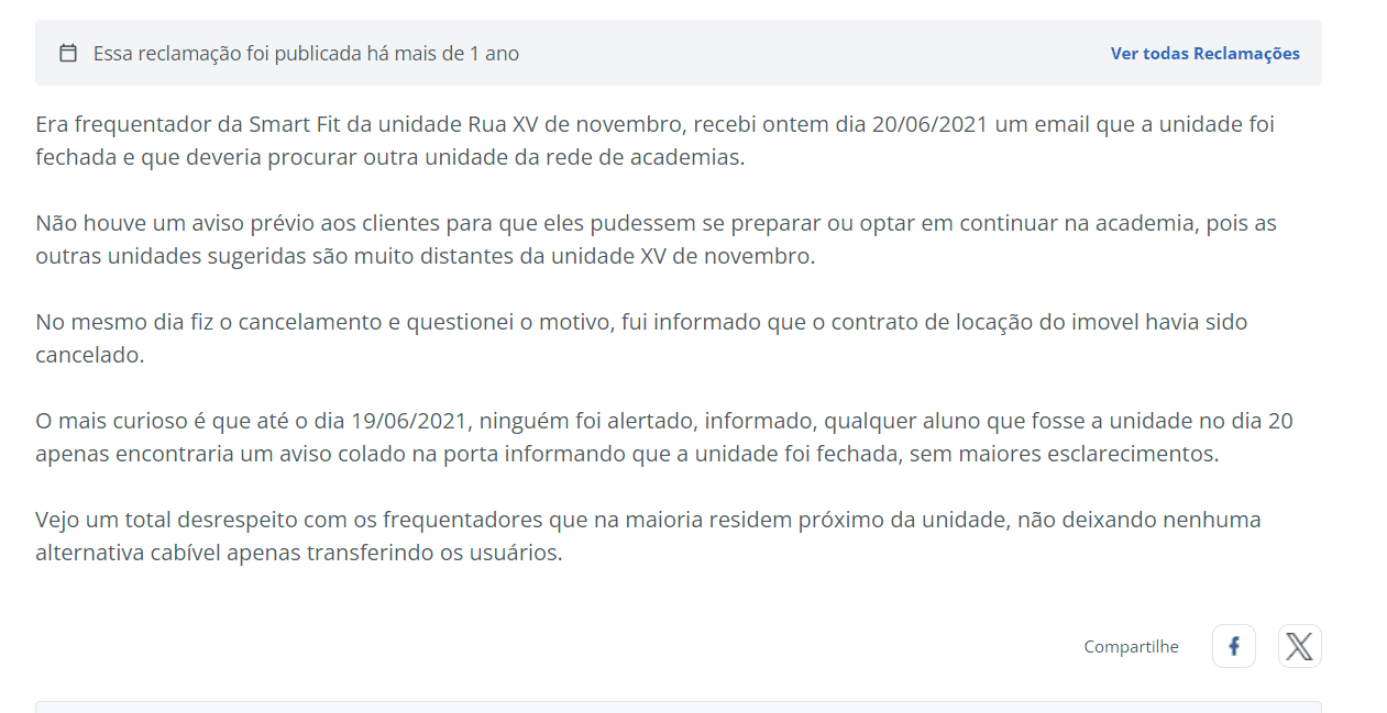 Reclamação de um cliente da unidade fechada da Smartfit (Foto Reprodução/Reclame Aqui) Reclamação de um cliente da unidade fechada da Smartfit (Foto Reprodução/Reclame Aqui)