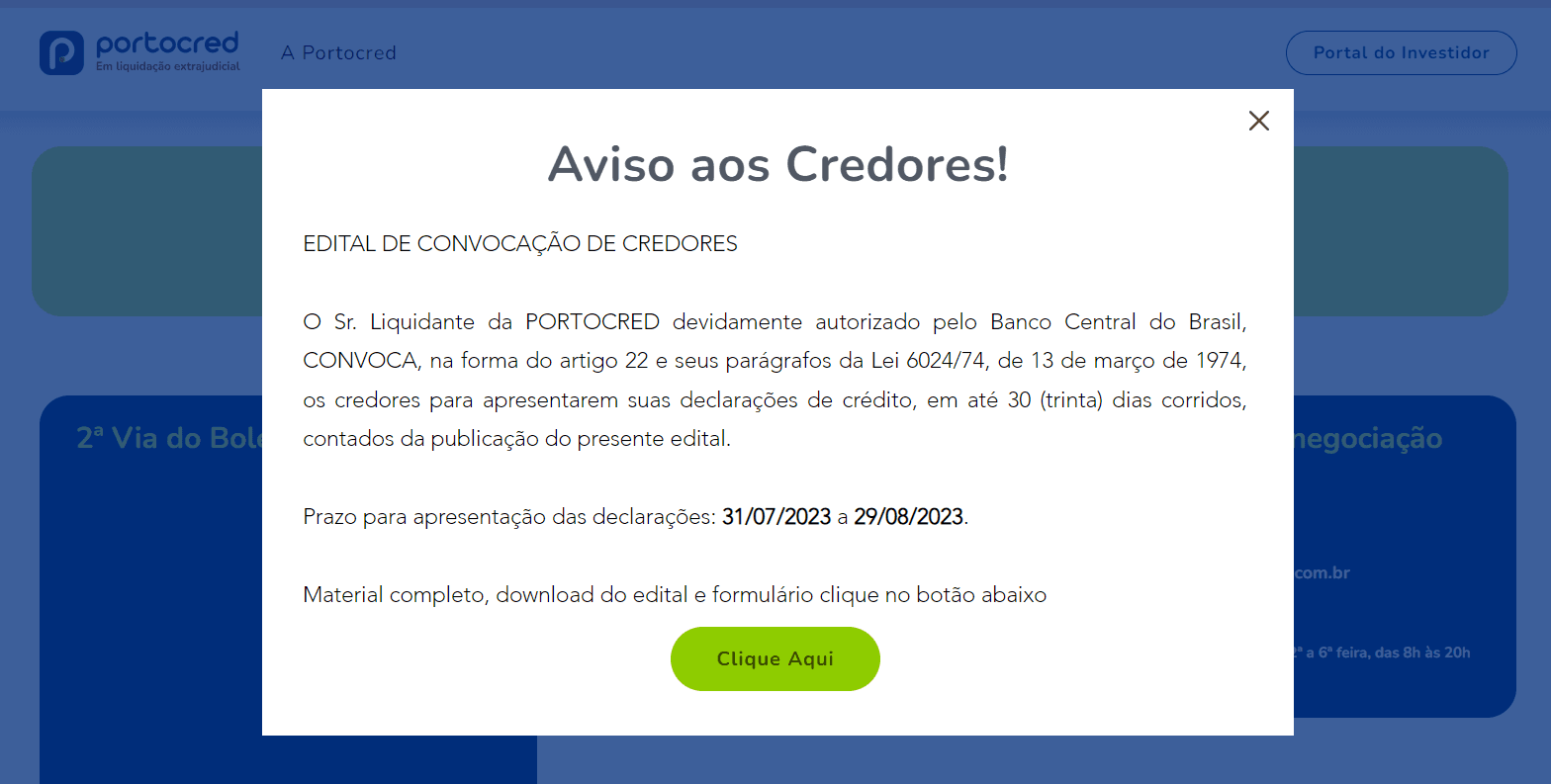 Aviso sobre a falência decretada pelo Banco Central aos credores no portal oficial da Portocred (Foto Reprodução/Portocred) Aviso sobre a falência decretada pelo Banco Central aos credores no portal oficial da Portocred (Foto Reprodução/Portocred)