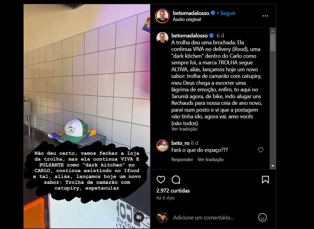Publicação de Beto Madalosso informando o fechamento do Trolha (Foto Reprodução/Instagram)