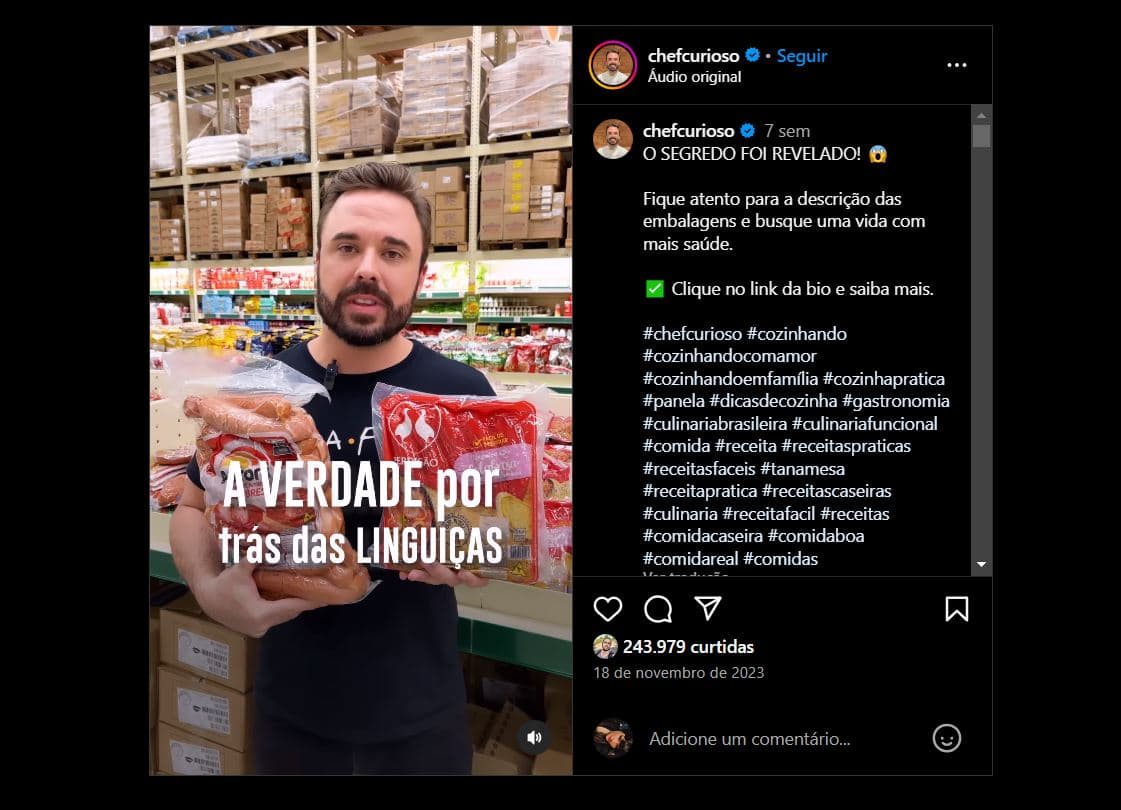 Vídeo do Chef Davi Laranjeiras sobre marcas de linguiça tipo calabresa como Aurosa, Sadia, e Perdigão (Foto Reprodução/Instagram) Vídeo do Chef Davi Laranjeiras sobre marcas de linguiça tipo calabresa como Aurosa, Sadia, e Perdigão (Foto Reprodução/Instagram)
