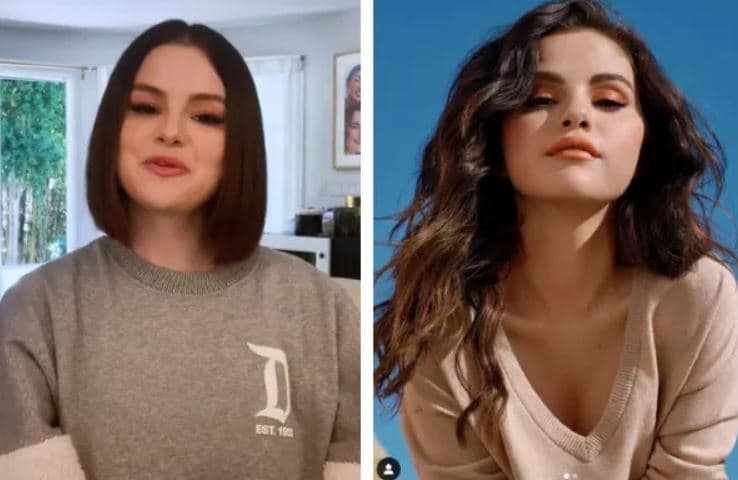 Selena Gomez com o visual do Blunt Bob, antes e depois do corte (Foto: Reprodução/TikTok; Reprodução/Instagram) Selena Gomez com o visual do Blunt Bob, antes e depois do corte (Foto: Reprodução/TikTok; Reprodução/Instagram)