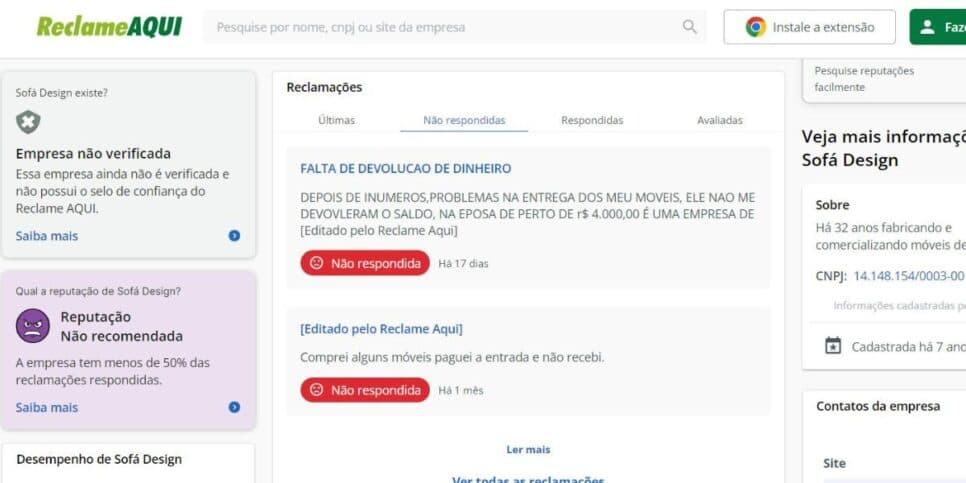Algumas reclamações recentes contra o Sofá Design (Foto Reprodução/Reclame AQUI) Algumas reclamações recentes contra o Sofá Design (Foto Reprodução/Reclame AQUI)