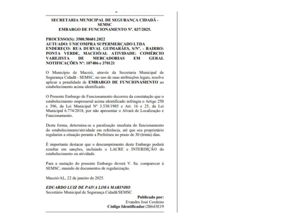 Documento da interdição da unidade do Unicompra, em Maceió (Foto Reprodução/DOU) Documento da interdição da unidade do Unicompra, em Maceió (Foto Reprodução/DOU)