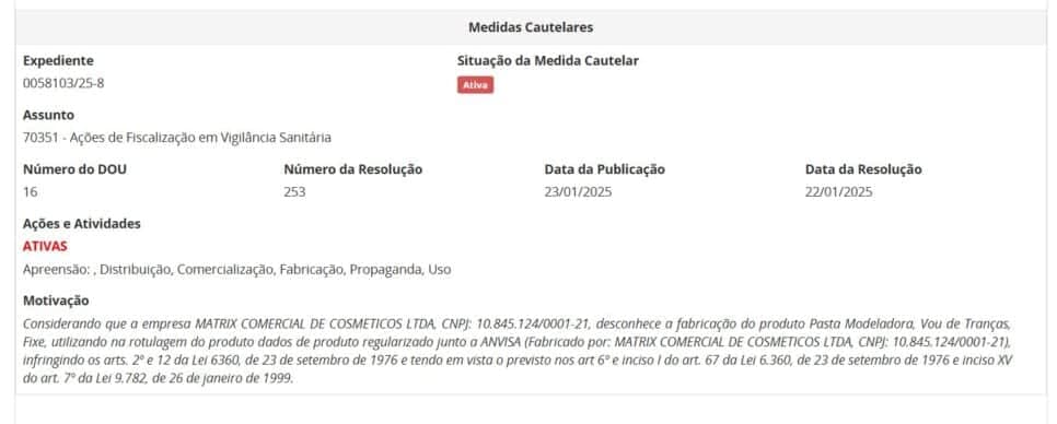 Resolução da ANVISA contra falsificação da Pasta modeladora: Vou de tranças Fixe PARTE 2 (Foto Reprodução/ANVISA) Resolução da ANVISA contra falsificação da Pasta modeladora: Vou de tranças Fixe PARTE 2 (Foto Reprodução/ANVISA)
