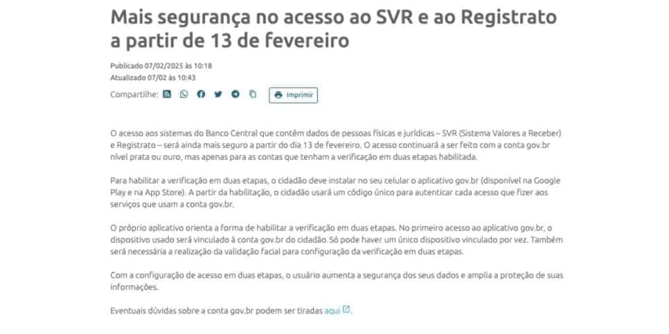 Comunicado do Banco Central (Foto: Reprodução / site BC) Comunicado do Banco Central (Foto: Reprodução / site BC)