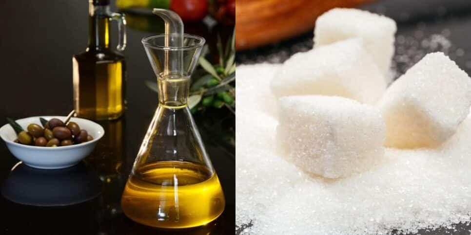 Azeite e açúcar para esfoliar a pele (Reprodução: Montagem TV Foco) Azeite e açúcar para esfoliar a pele (Reprodução: Montagem TV Foco)