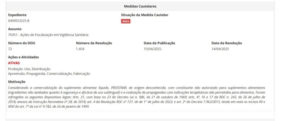 Proibição da ANVISA contra a PROSTNAR pt 1 (Foto Reprodução/ANVISA) Proibição da ANVISA contra a PROSTNAR pt 1 (Foto Reprodução/ANVISA)