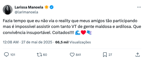 Publicação sobre reality da Record (Foto: Reprodução / X)