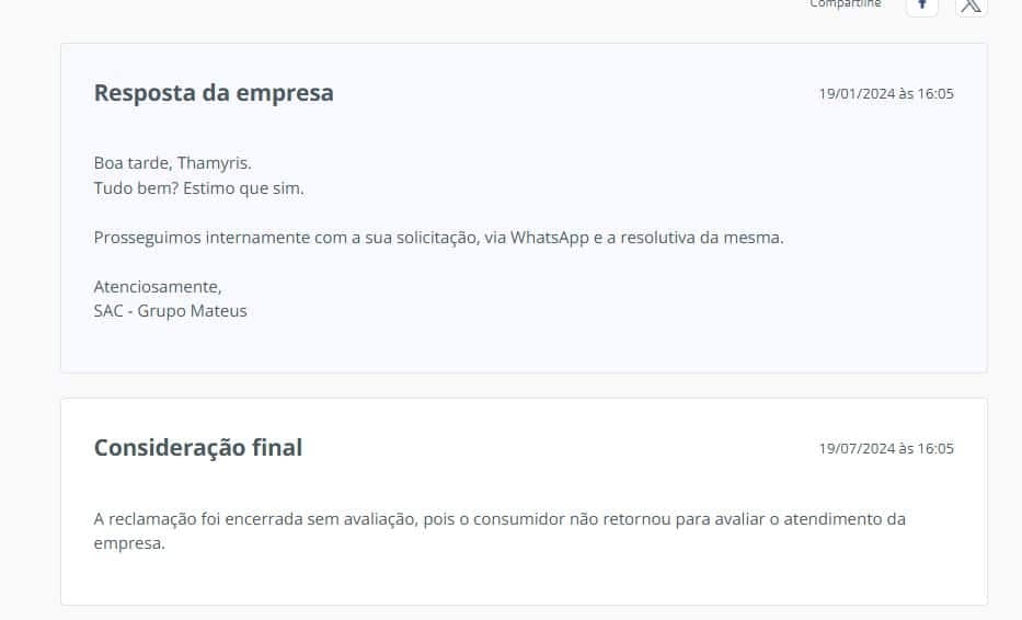 Resposta do Grupo Mateus datada no dia 19 de janeiro de 2024 (Foto Reprodução/RA) Resposta do Grupo Mateus datada no dia 19 de janeiro de 2024 (Foto Reprodução/RA)
