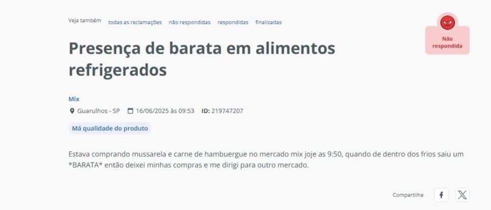 Denúncia do consumidor no Reclame Aqui expôs caso de hambúrguer entre baratas (Foto Reprodução/Reclame AQUI) Denúncia do consumidor no Reclame Aqui expôs caso de hambúrguer entre baratas (Foto Reprodução/Reclame AQUI)