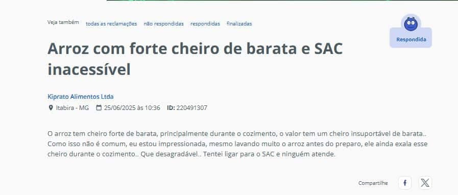 Denúncia contra a marca de arroz feito por uma consumidora (Foto Reprodução/Reclame Aqui) Denúncia contra a marca de arroz feito por uma consumidora (Foto Reprodução/Reclame Aqui)