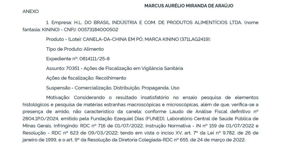 Resolução da ANVISA contra marca de canela (Foto Reprodução/GOV) Resolução da ANVISA contra marca de canela (Foto Reprodução/GOV)