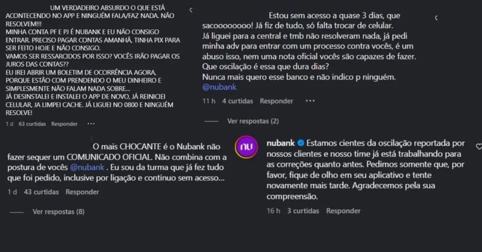 Enxurrada de reclamações (Foto Reprodução/Instagram Nubank Oficial) Enxurrada de reclamações (Foto Reprodução/Instagram Nubank Oficial)