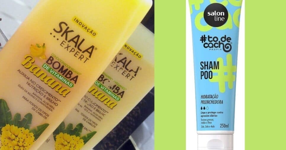 Shampoo Skala Bomba de Vitaminas com Banana/Salon Line #TôdeCacho Hidratação Preenchedora (Foto Reprodução/Montagem/TV Foco/Magazine Luíza/YouTube) Shampoo Skala Bomba de Vitaminas com Banana/Salon Line #TôdeCacho Hidratação Preenchedora (Foto Reprodução/Montagem/TV Foco/Magazine Luíza/YouTube)